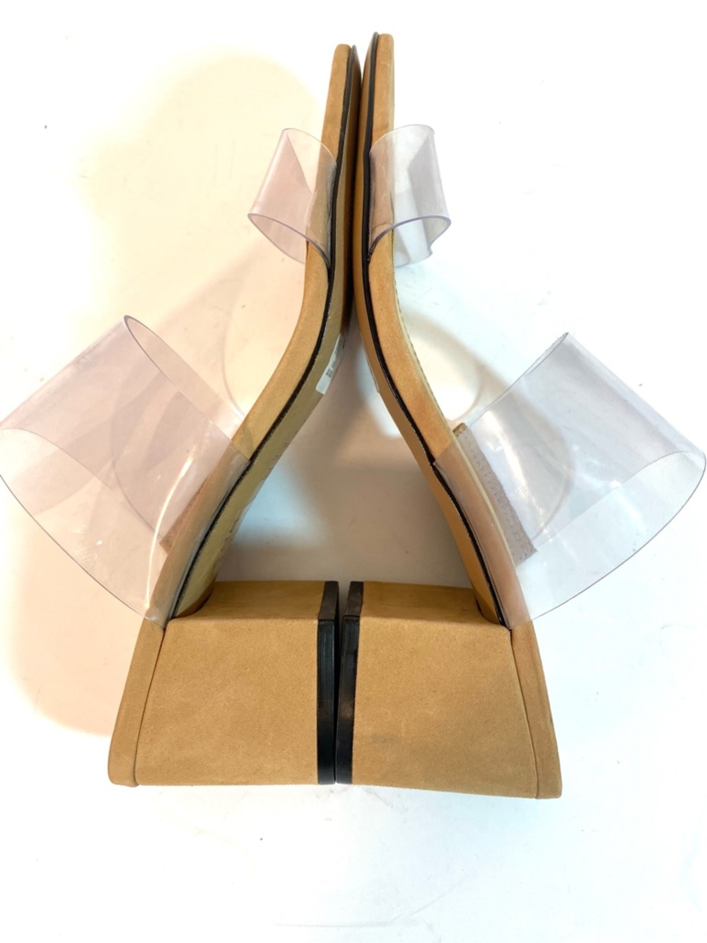 SCHUTZ Victorie Slides Sandals Clear Straps Beige Suede Chunky Heels - NWOB - Picture 7 of 10
